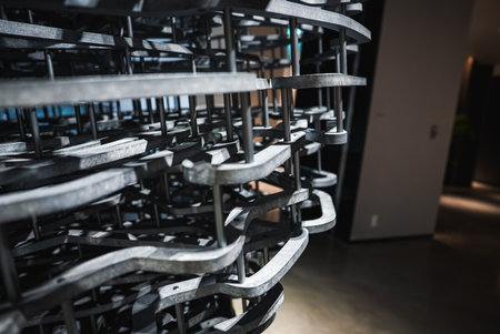 Close up metal lattice sculpture indoors with gallery lighting
