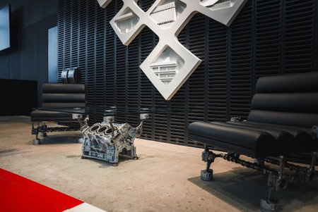 Modern lounge with automotive chairs and engine block coffee tableの写真素材