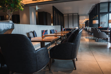 Modern hotel lounge with navy armchairs and low wooden tables