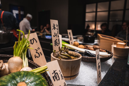Japanese restaurant counter with seasonal produce and name tags