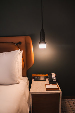 Warm bedside setting with leather headboard and pendant lampの写真素材
