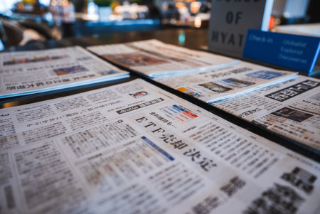 Hotel lobby counter with Japanese newspapers and check in placardの写真素材