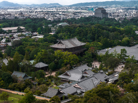 Aerial view of Todai ji Great Buddha Hall in Nara with city beyondの写真素材