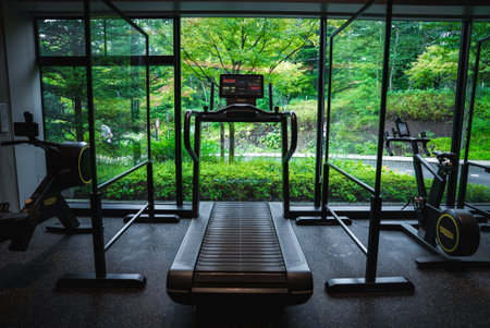 Modern hotel gym in Japan with treadmill and bikes facing garden