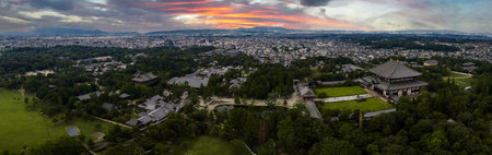 Aerial panorama of Nara at sunset with Todai ji and Nara Park