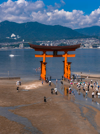 Aerial view of Great Torii at Itsukushima Shrine in Hiroshima Bayの写真素材