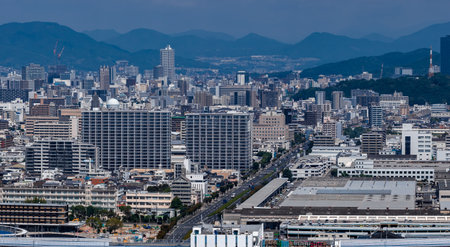 Aerial daytime view of Hiroshima, Japan with rivers and avenuesの写真素材