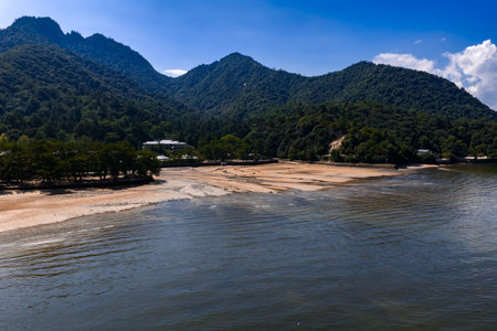 Aerial view of Miyajima tidal flat and bay near Hiroshimaの写真素材