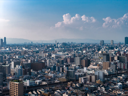 Aerial panorama of Osaka, Japan with Osaka Castle and city skylineの写真素材