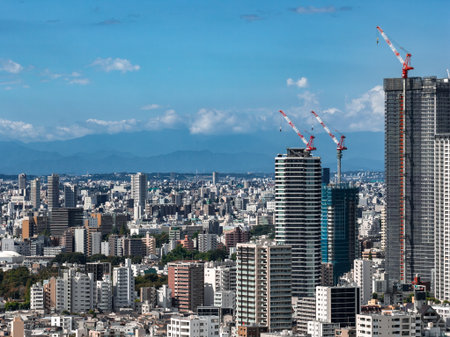 Aerial afternoon skyline of central Tokyo with cranes and glass towerの写真素材