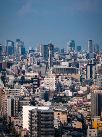 Aerial view of Osaka skyline with Tsutenkaku Tower at centerの写真素材