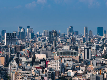 Daytime skyline of central Osaka with Tsutenkaku and gymnasiumの写真素材