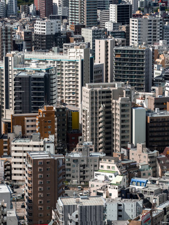 Mid and high rise towers in central Tokyo under bright midday light