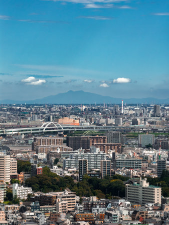 Aerial daytime view of Tokyo with expressways, bridges, and smokestackの写真素材