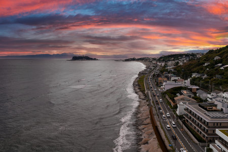 Aerial sunset view of Kamakura coastの写真素材