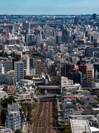 Aerial view of Tokyo cityscape with railway and Tokyo Skytreeの写真素材