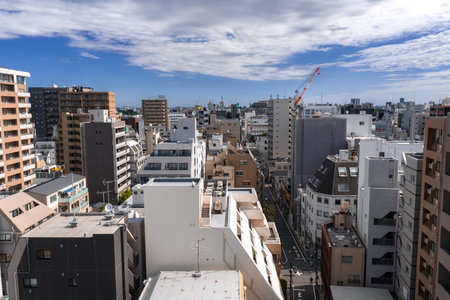 Aerial Tokyo cityscape with mid rise blocks, cranes, and narrow streetの写真素材