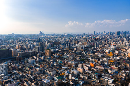 Aerial view of Osaka, Japan with residential blocks and downtown towers