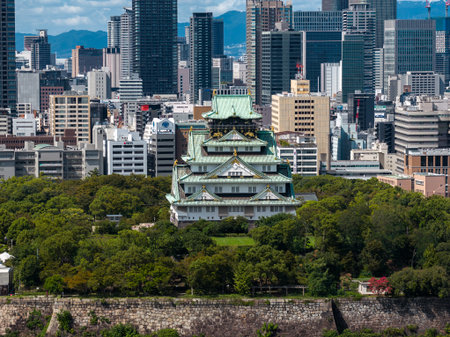 Aerial view of Osaka Castle and modern high rises in Osaka, Japanの写真素材