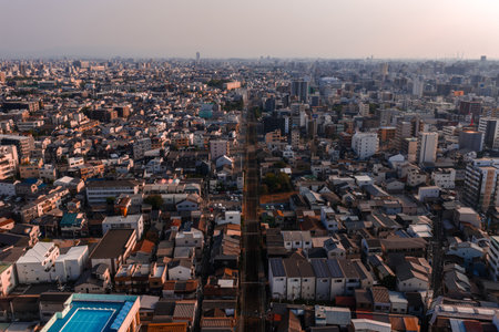 Aerial view of Osaka urban expanse with rail line in late day lightの写真素材