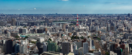 Aerial panorama of Tokyo with Tokyo Tower and Sumida River by day