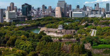 Aerial view of Osaka Castle Park with skyline in Osaka, Japanの写真素材