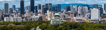 Aerial panorama of Osaka Castle and downtown skyline in Osaka, Japanの写真素材