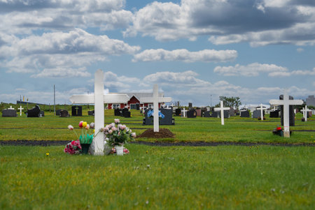 Grassy cemetery with crosses and headstones in rural Iceland