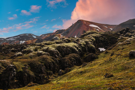 Landmannalaugar lava fields and rhyolite peaks at sunset, Icelandの写真素材