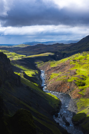 Icelandic volcanic canyon with winding river and mossy plateausの写真素材