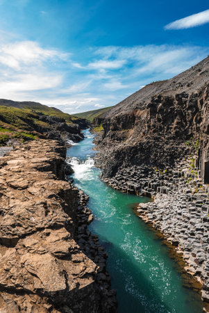 Turquoise river in basalt column canyon at Studlagil, Eastfjordsの写真素材