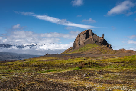 Jagged volcanic outcrop on mossy plains in Icelands highlandsの写真素材