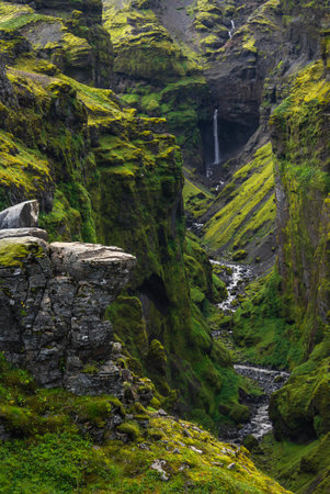 Mossy volcanic canyon and stream to hidden waterfall in Icelandの写真素材