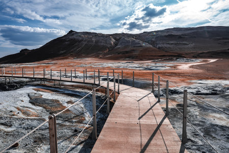 Boardwalk through Hverir geothermal plain near Myvatn, Icelandの写真素材