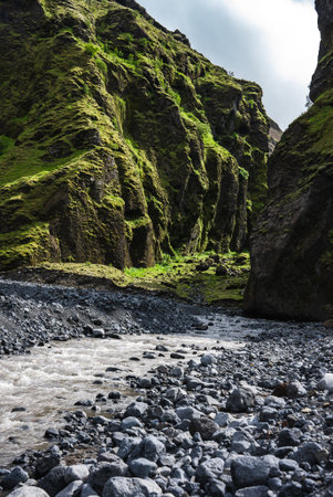 Moss draped volcanic canyon and glacial stream in South Icelandの写真素材