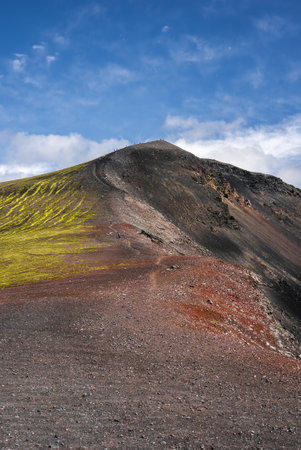 Volcanic ridge with ash bands and moss in Iceland highlandsの写真素材
