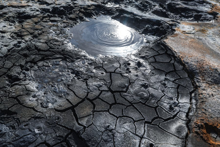 Bubbling geothermal mud pool at Hverir Namaskard near Lake Myvatnの写真素材