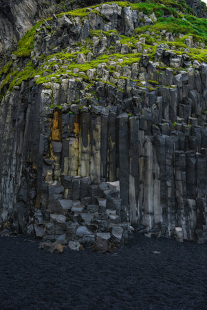 Basalt columns and black sand at Reynisfjara near Vik, Icelandの写真素材