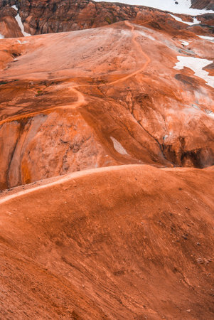 Colorful rhyolite hills and footpaths in Iceland central highlandsの写真素材
