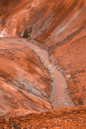 Milky stream through rust rhyolite hills in Iceland highlandsの写真素材
