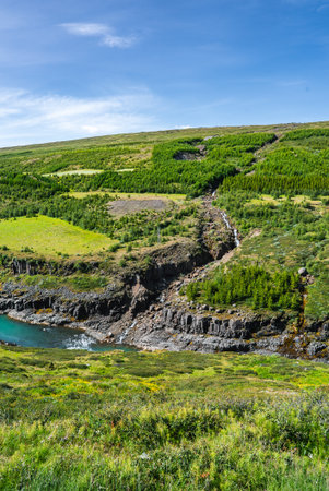 Icelandic basalt gorge waterfall descends into a turquoise river bend