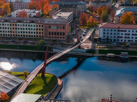 Aerial view of Jelgava pedestrian bridge over the Driksa Riverの写真素材