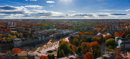 Aerial panoramic view of Jelgava in autumn with civic landmarks