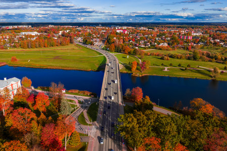 Aerial bridge over the Driksa River with Jelgava Palace in Latviaの写真素材