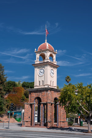 Santa Cruz Clock Tower with domed cupola and twin faces at midday