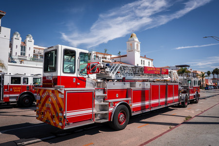 Santa Cruz Fire Department ladder truck near Beach Boardwalk, Californiaの写真素材