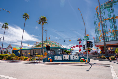 Santa Cruz Beach Boardwalk entrance with lighthouse and gondolasの写真素材