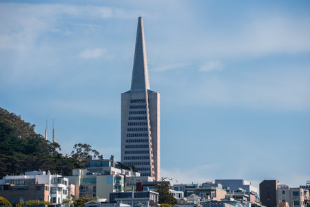 Transamerica Pyramid rises above low buildings in San Francisco