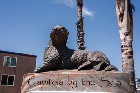 Bronze sea lion statue at Capitola by the Sea in Californiaの写真素材