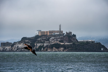 Alcatraz Island and guard tower in overcast San Francisco Bay sceneの写真素材